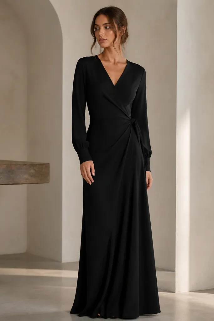 A black long sleeve evening dress with a wrap-style bodice effect, V-shaped front, long sleeves with slight taper, tie detail hidden at the side, flowing skirt that falls straight.