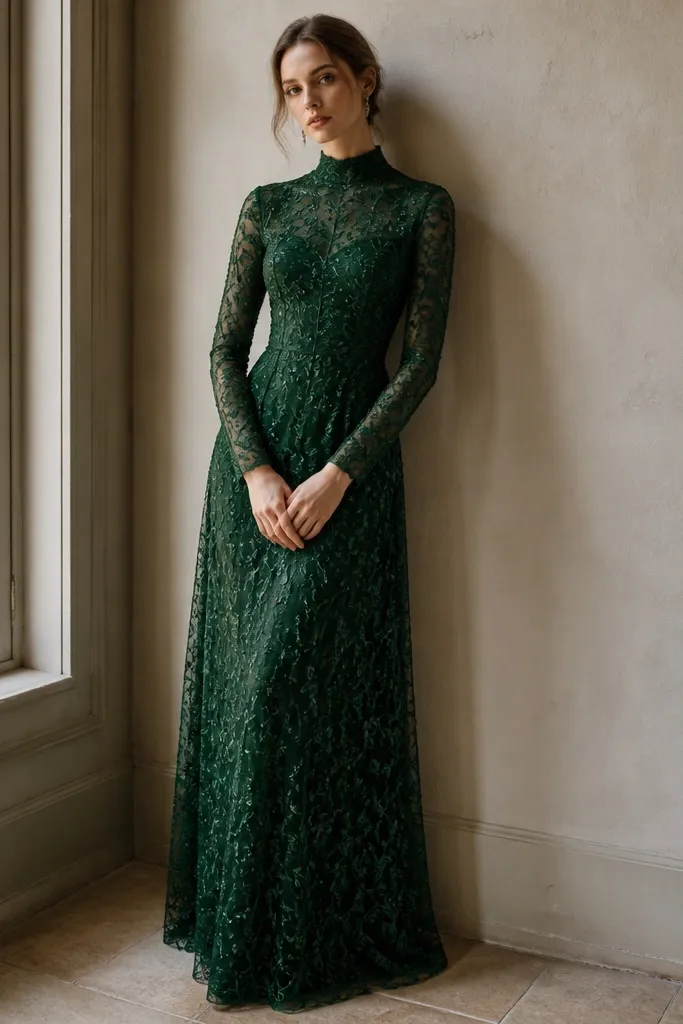 A forest green long sleeve evening dress made from embroidered mesh over a solid green lining, high neckline, fitted bodice, skirt falls to the ankle, sleeves fully covered.