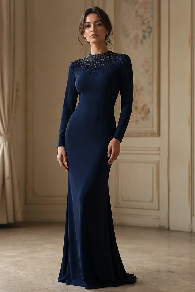 A midnight blue long sleeve evening dress with a beaded neckline and small bead detailing around the collarbone, smooth fabric body, fitted silhouette, floor-length hem.