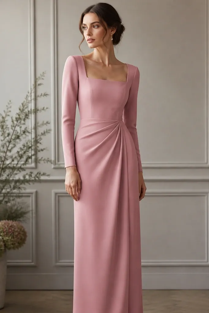 A rose pink long sleeve evening dress with square neckline, fitted bodice, gentle pleats at the waist, skirt falls straight to the ankle, sleeves end at wrist.
