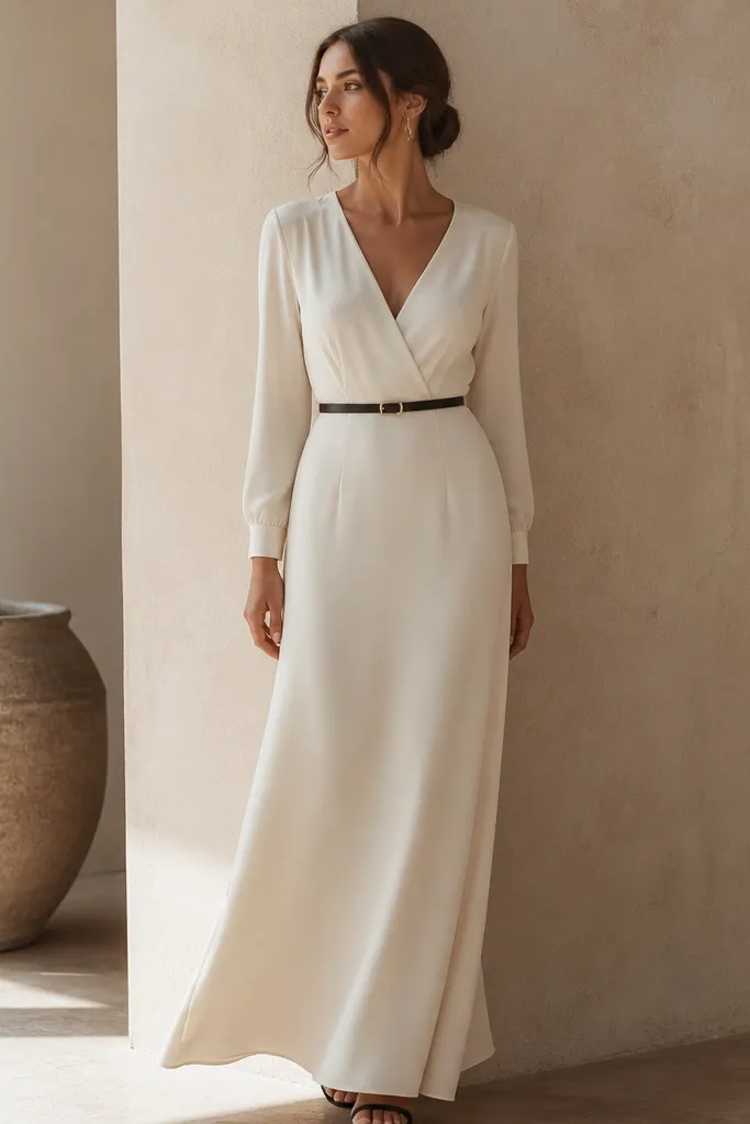 An ivory long sleeve crepe evening dress with a fitted waist and a thin black belt, modest V-neck, skirt falls to the ankle, sleeves end at wrist.