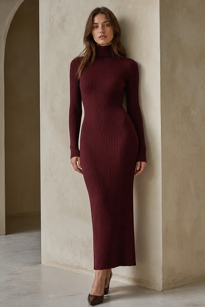 A burgundy ribbed knit long sleeve evening dress with a high neck, fitted through the body, subtle rib texture, hem at mid-calf or ankle, sleeves end at wrist.