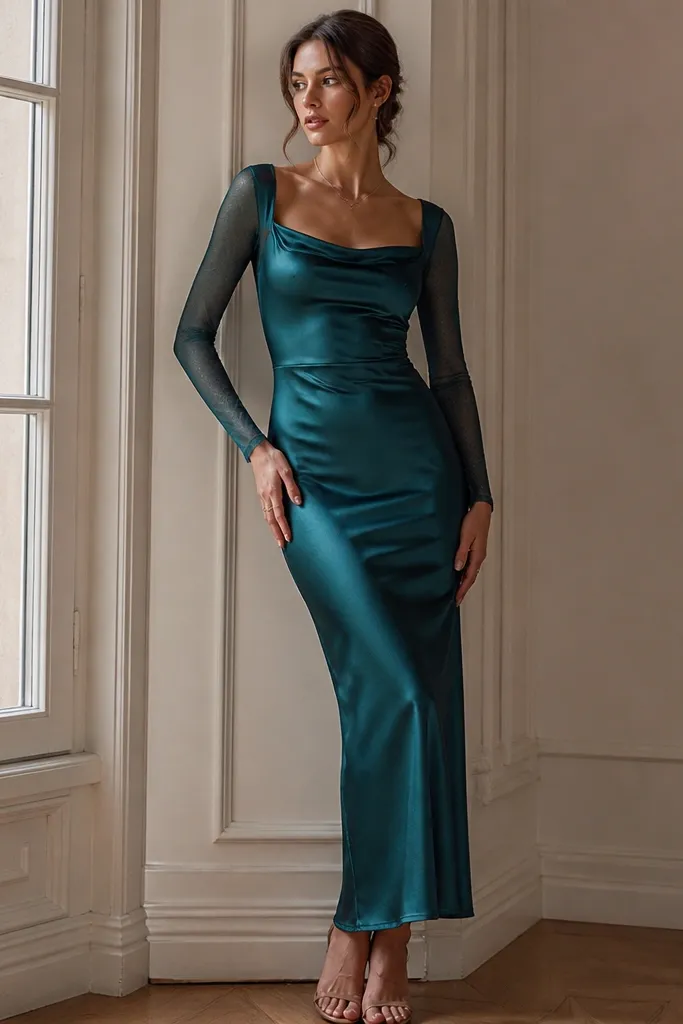 A teal satin slip-style evening dress with a satin body and long mesh sleeves, slightly adjustable neckline, hem at ankle, fitted silhouette.