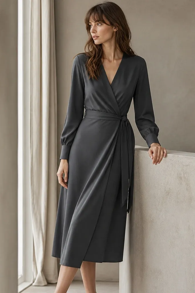A charcoal gray wrap midi dress with long sleeves that button at the cuff, V-neck front overlap, waist tie, skirt falls to mid-calf.