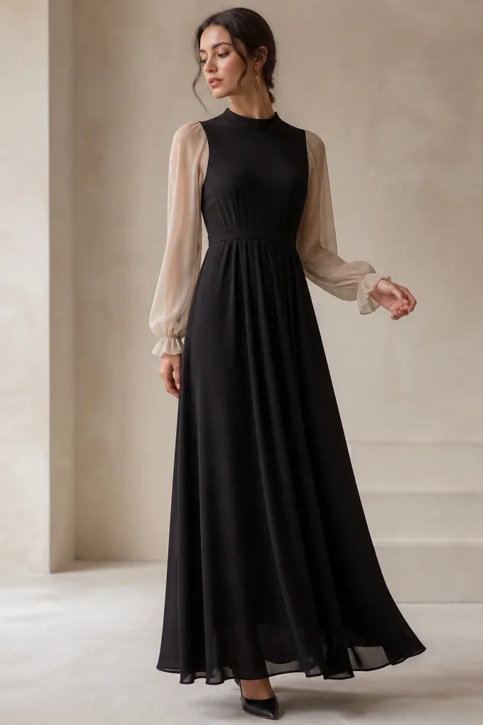 A black base long dress with long sand-beige chiffon sleeves, sheer chiffon overlay on arms, modest neckline, ankle-length hem.