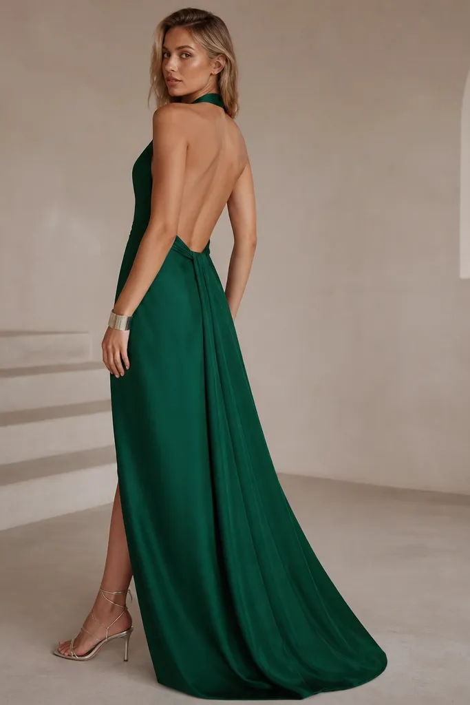 A long emerald green halter gown with a fitted bodice, a low back, and a flowing skirt. Styling includes thin silver strappy heels and a silver cuff bracelet.