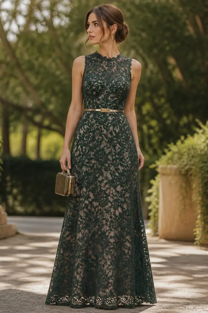 A forest green maxi with lace overlay over a nude lining, scalloped lace edges near the hem, and a thin gold belt at the waist. The image shows a warm gold belt buckle and a small structured bag.
