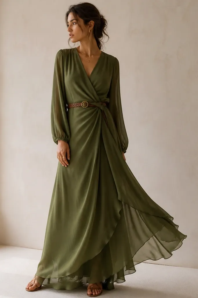 A long olive green chiffon wrap dress with a V-neck, a twisted waist tie, and a skirt that looks airy and layered. Styling shows a braided belt detail and delicate gold rings.