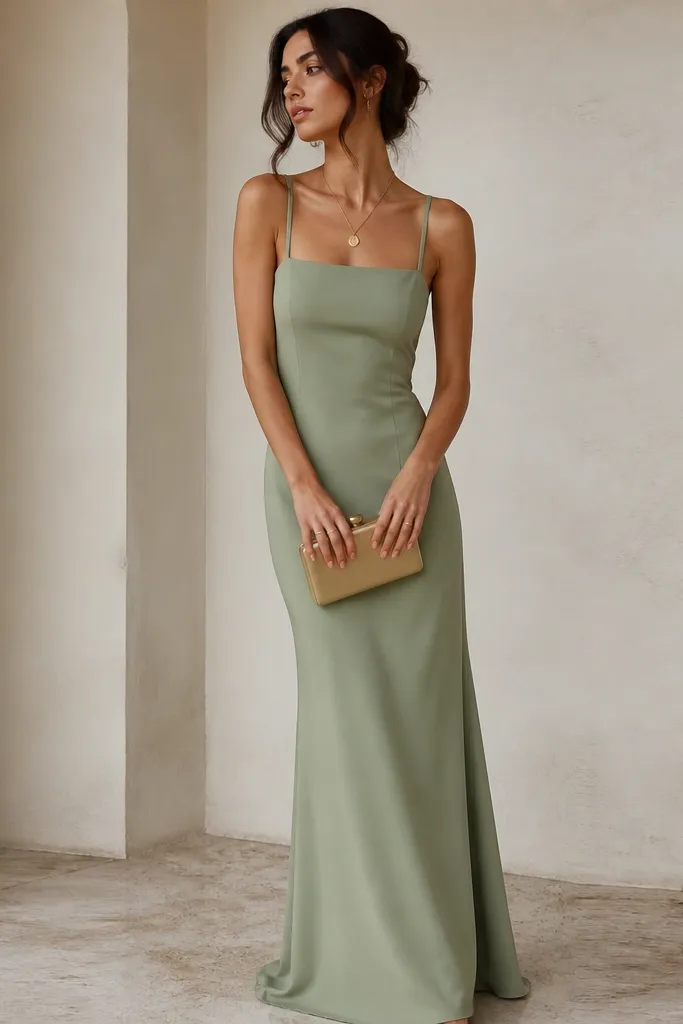 A sage green long crepe slip-style dress with a square neckline and thin straps. The styling includes a matte gold pendant necklace and a structured mini clutch.