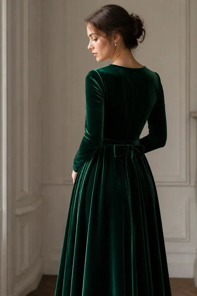 A jewel green velvet long dress with long sleeves, a modest neckline, and a small velvet bow detail at the back. The image shows the fabric's plush texture catching light.