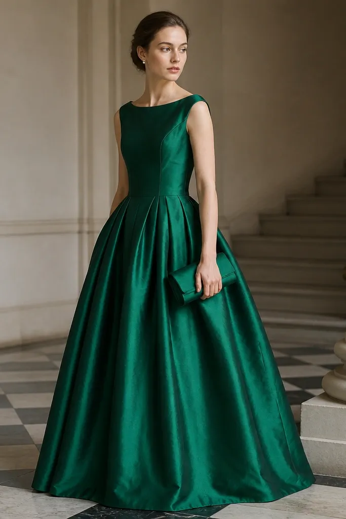 An emerald green taffeta gown with a fitted bodice and a fuller skirt that holds shape. Accessories include pearl stud earrings and a satin clutch.