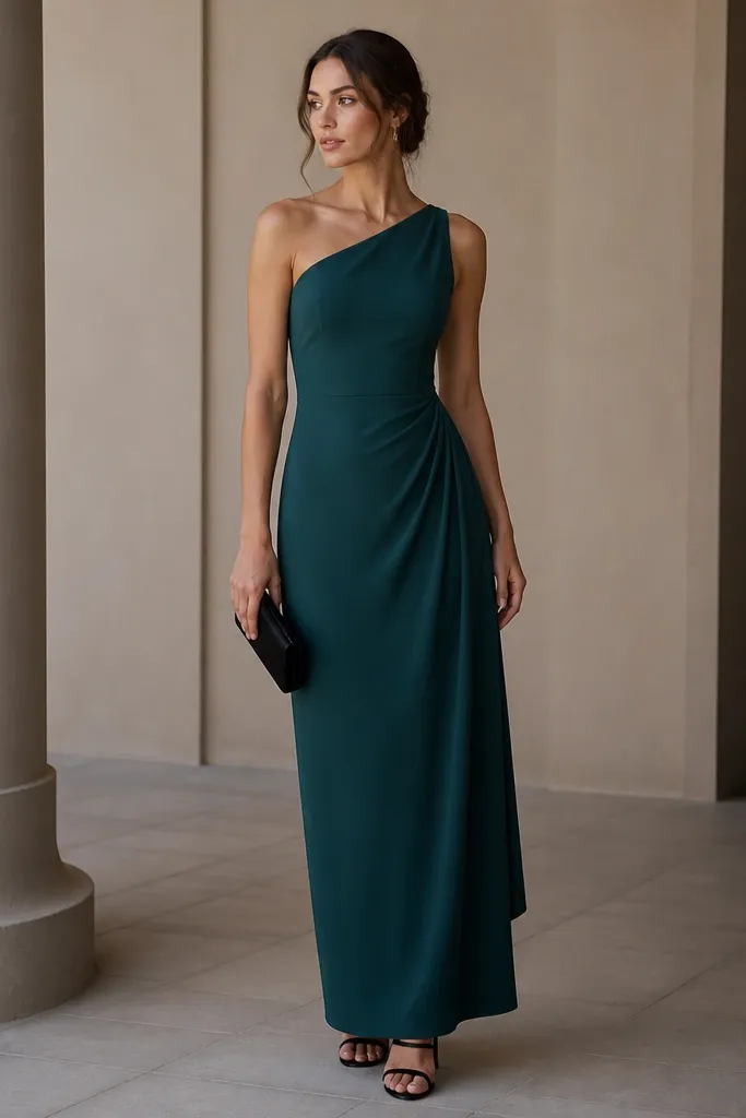 A long teal-leaning green column dress with an asymmetric neckline and a clean side drape. The styling shows black strappy heels and a simple black clutch.
