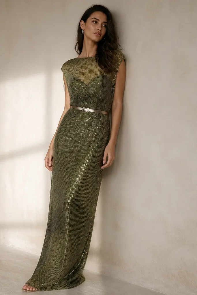 An olive green maxi made of sequin mesh on top of a matte slip. The image shows the sequins catching light while the underlayer stays smooth. Accessories include a slim silver belt and small hoop earrings.