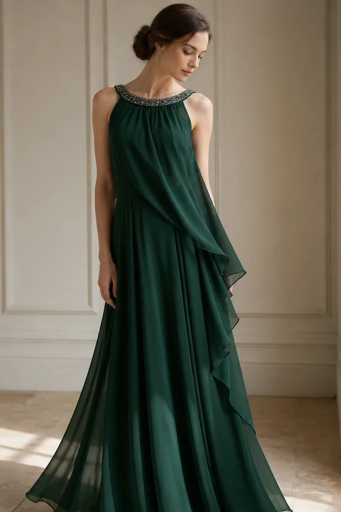 A forest green chiffon overlay dress with a beaded neckline and a softly flowing skirt. The styling shows a low bun hairstyle and a delicate bracelet.