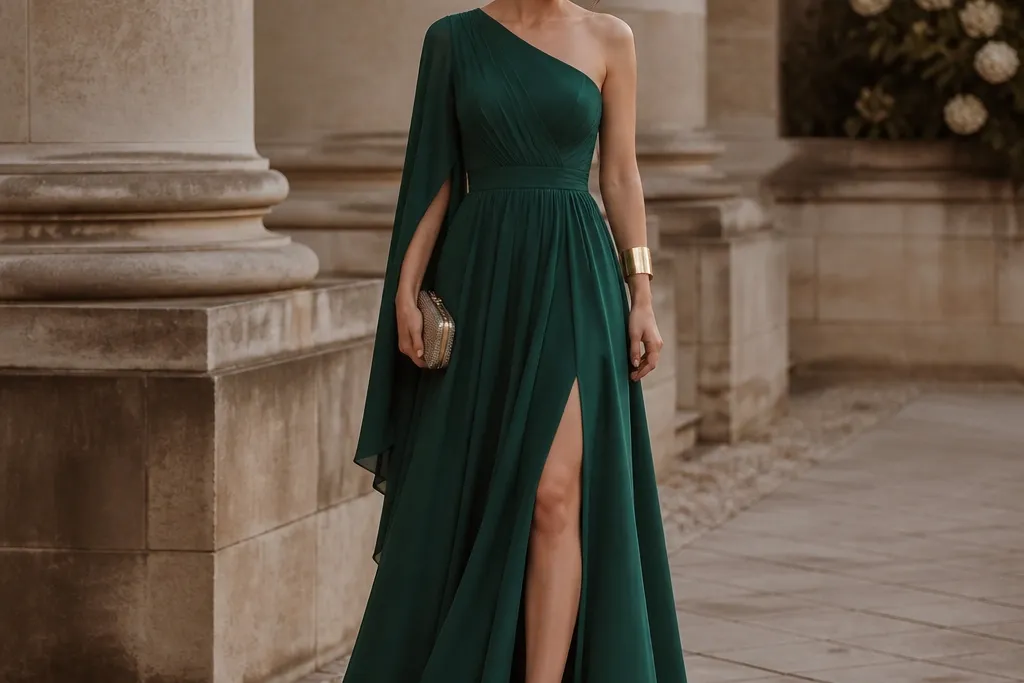 Long green evening dresses styled with accessories and details