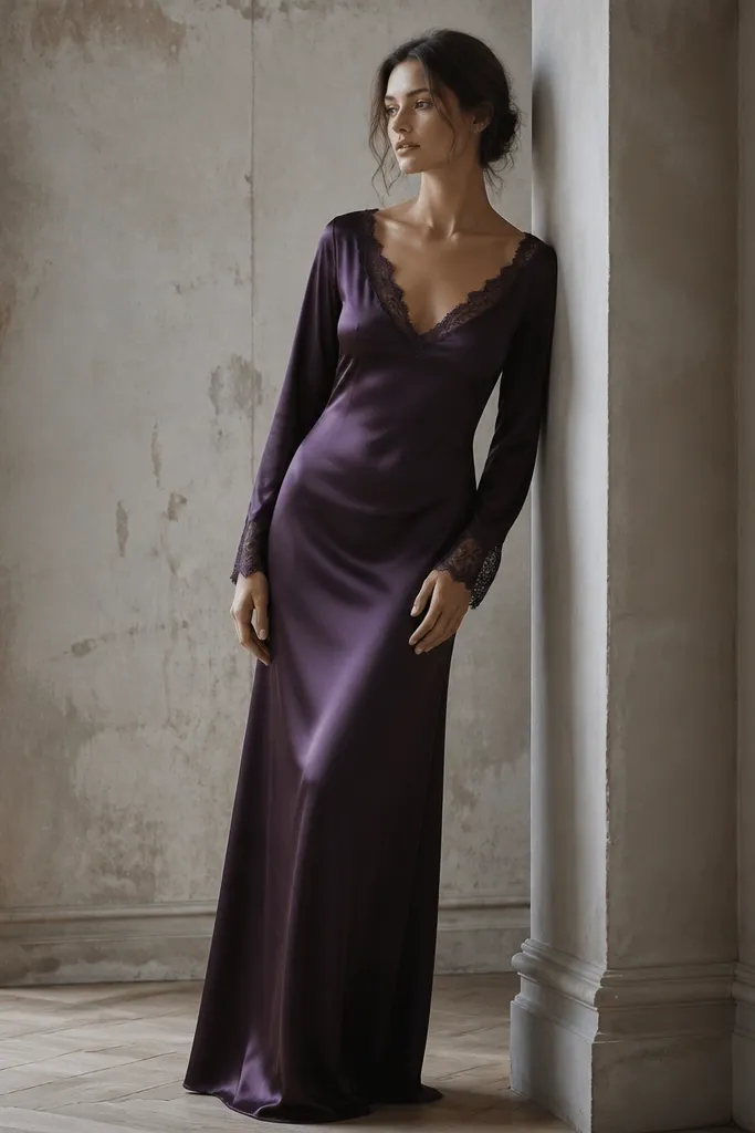 An aubergine long evening dress that looks like a satin slip. It has long sleeves with lace trim at the cuffs and along the neckline, and the skirt falls straight with a subtle sheen.