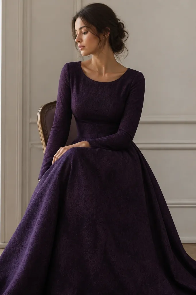 A blackberry purple long dress with a fitted bodice and a flared skirt. The fabric looks jacquard-woven with a faint pattern, and the dress has long sleeves and a modest scoop neckline.