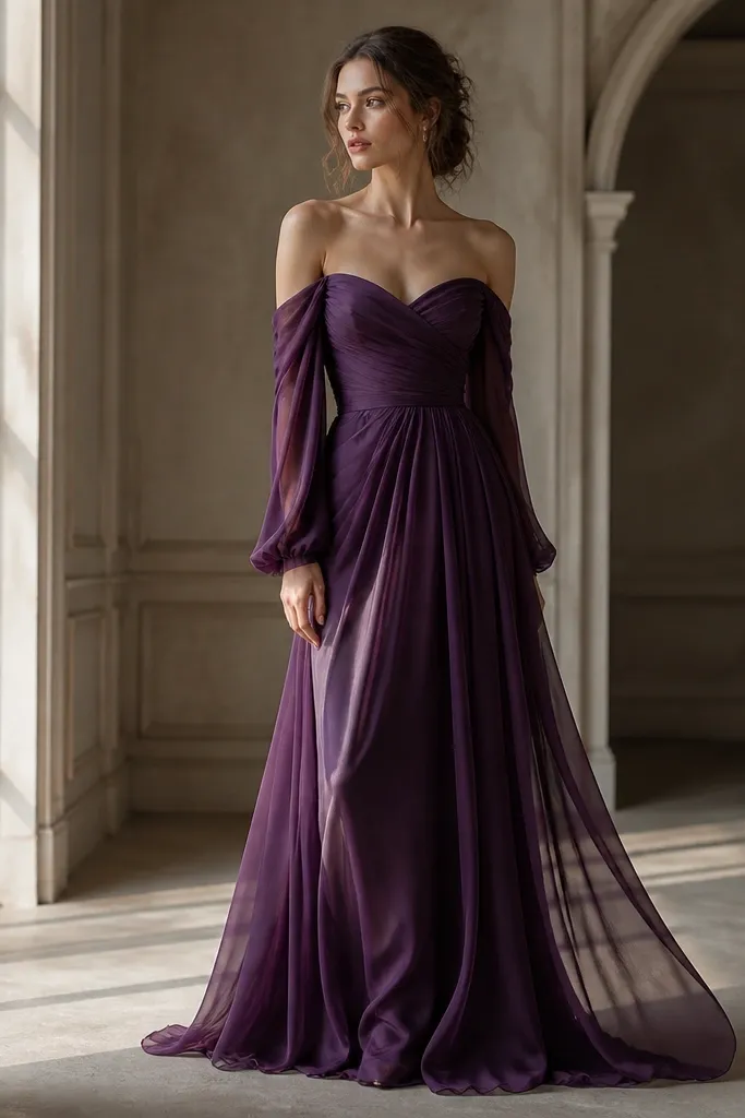 A long grape purple dress with a flowing chiffon overlay. The inner layer is satin, and the dress has off-shoulder long sleeves that look like a soft drape at the shoulders.