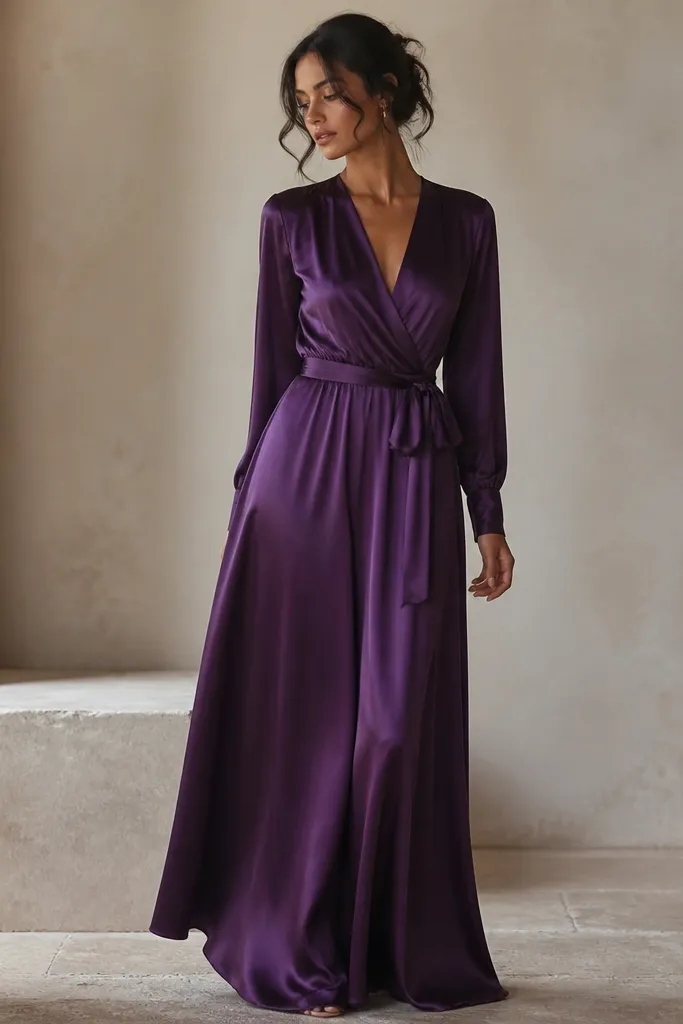 An aubergine purple long satin wrap dress with a deep V that is controlled by a tie. It has long sleeves and a gathered waist seam, with the skirt falling in soft folds.