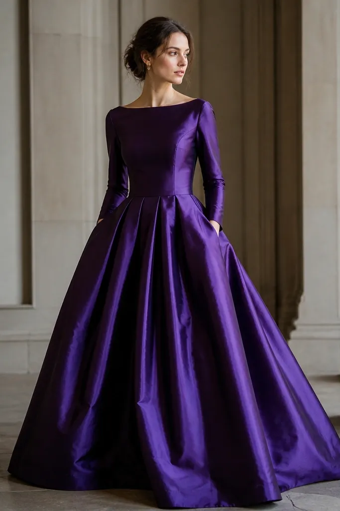 A long grape purple dress with a crisp taffeta skirt and a smoother satin bodice. The sleeves are long and match the satin, and the skirt has structured volume.