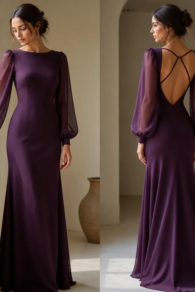 A plum purple long dress with chiffon sleeves that puff at the upper arm and taper at the wrist. The front is modest, and the back has a deep shape cutout with thin straps.