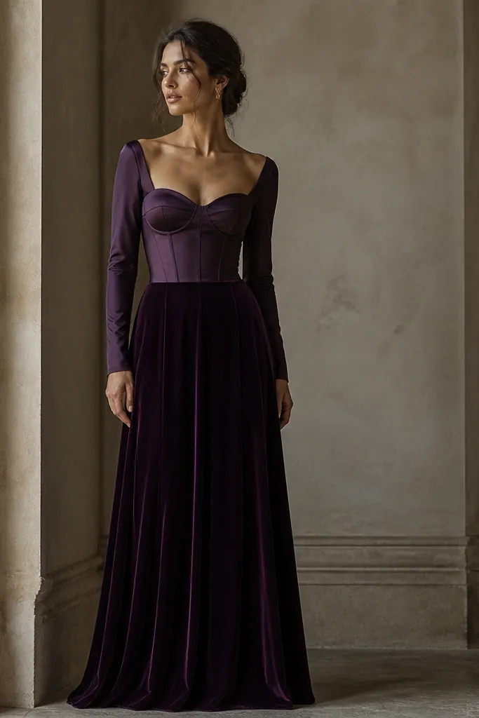 A long blackberry purple dress with a velvet skirt and a satin bodice that looks like a corset with seaming. The sleeves are long, and the skirt falls straight with a soft sheen difference between fabrics.