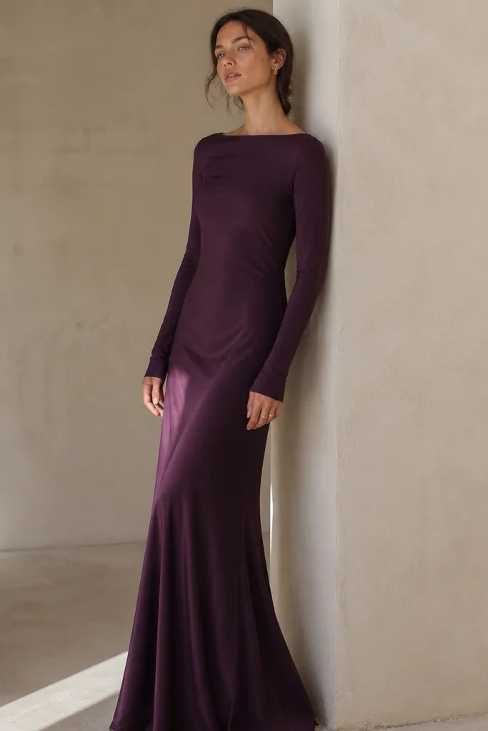 A long plum purple dress cut on the bias with long sleeves. The fabric hangs in smooth, flowing lines and clings lightly before falling into a fluid skirt.