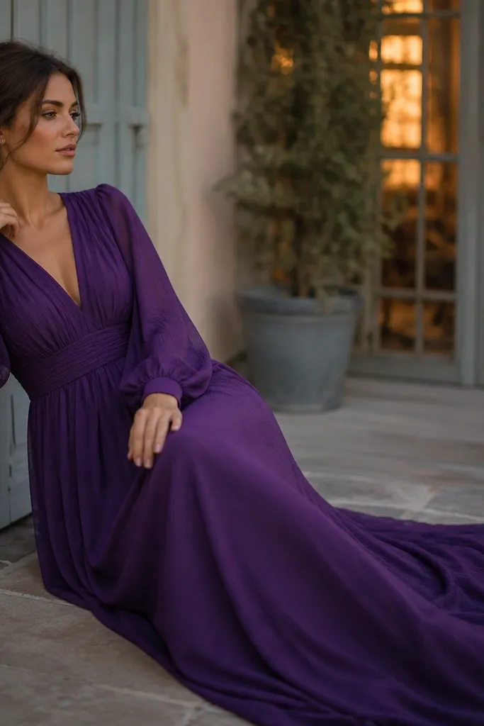 Cozy long purple evening dresses for cooler nights