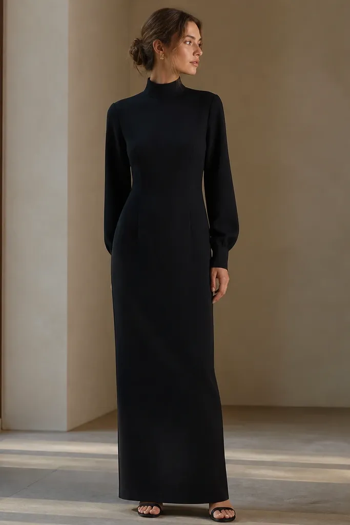 A black crepe long sleeve maxi dress with a high neckline, straight column skirt, and minimal seams. The sleeves are slim through the forearm and end in a narrow cuff.