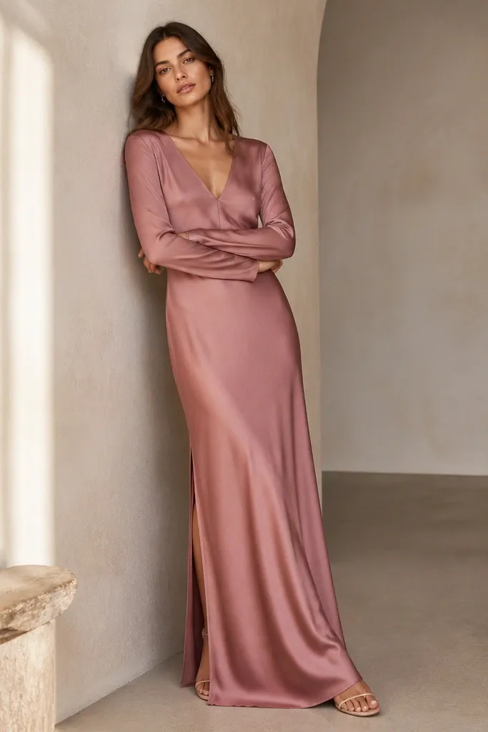 A dusty rose long sleeve maxi dress with a slip silhouette, subtle sheen, and a narrow V neckline. The skirt has a slight bias drape and a small side slit near the hem.