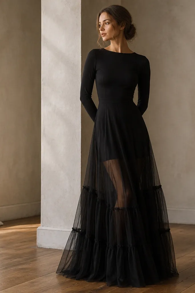 A black long sleeve maxi dress with sheer tulle panels at the skirt and a fitted bodice. The sleeves are opaque, and the tulle layers create a soft, layered look near the hem.