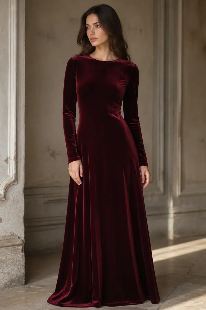 A deep wine velvet long sleeve maxi dress with a simple round neckline and fitted sleeves. The fabric has a soft pile and catches light in a subtle way across the bodice.