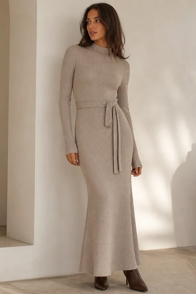 A light taupe mock-neck long sleeve maxi dress with a ribbed knit texture and a fabric tie at the waist. The skirt is straight with a slight flare near the hem.