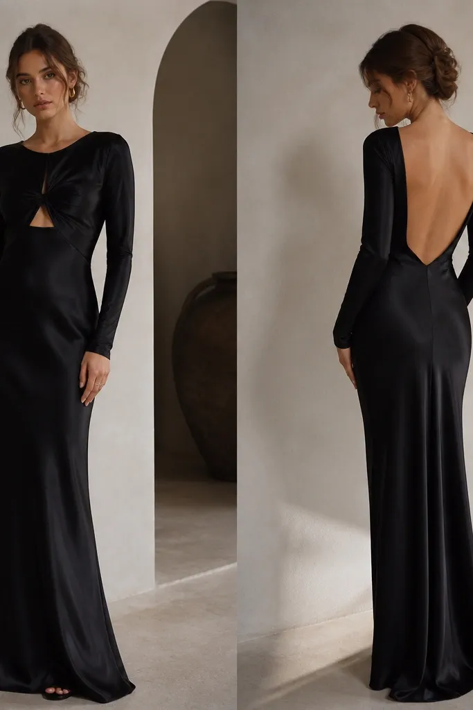 A black satin long sleeve maxi dress with a keyhole detail at the front bust and a low open back. The sleeves are fitted, and the skirt falls straight with a slight sheen.