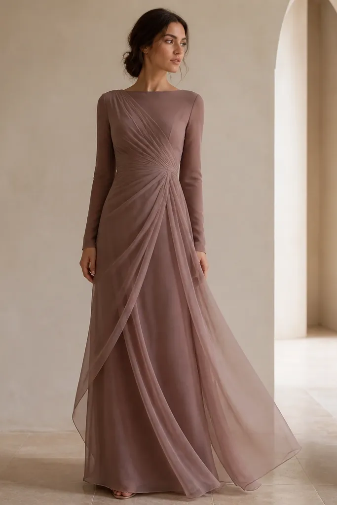 A two-layer long sleeve maxi dress with a fitted underlayer and an airy chiffon overlay that forms a soft wrap around the torso. The sleeves are solid, and the overlay drapes over the skirt in translucent panels.
