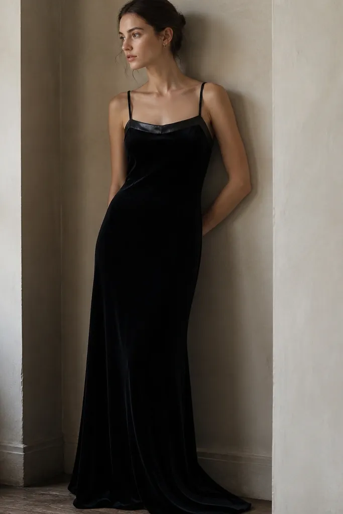 A black long velvet slip-style evening gown with thin straps and a relaxed but straight longline bodice. There is a satin trim along the neckline and strap edges. The skirt hangs smoothly with minimal gathering.