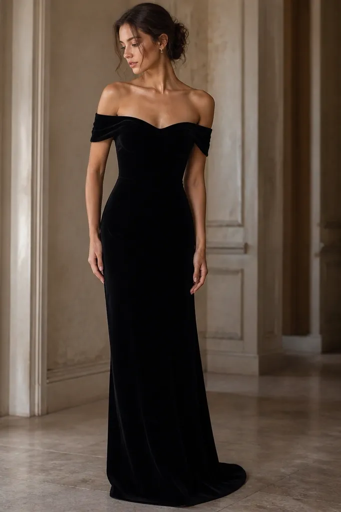 A black velvet off-shoulder long evening gown with smooth sleeves that sit just below the shoulders. The neckline curves gently, and the bodice looks lifted and structured. The skirt flows to the floor with a subtle straight fall.