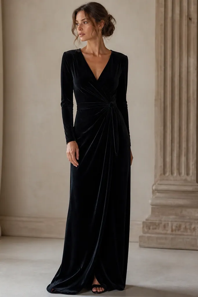 A black velvet long evening gown with a wrap front. There is a waist tie that cinches at the side or center front. The skirt falls long and smooth, with a slight overlap at the front.