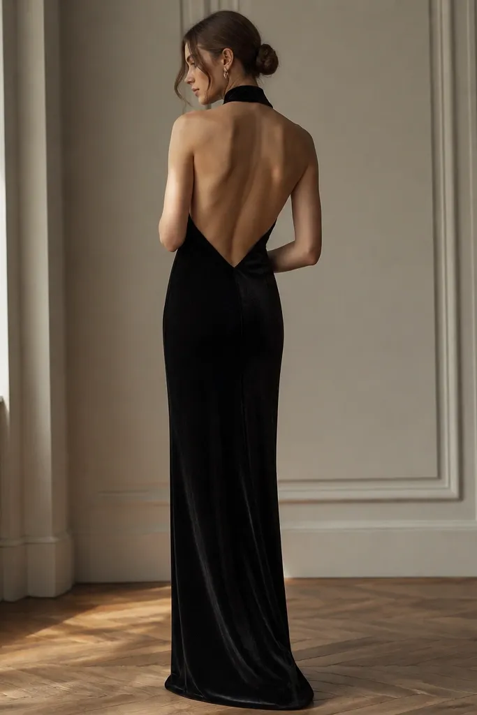 A black velvet halter-neck long gown with a low open back. The front neckline is wrapped around the neck, and the skirt is straight and long. The back cut forms a clean V shape.
