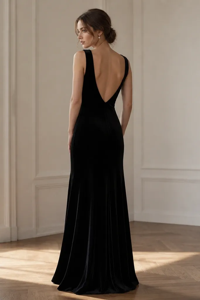 A black velvet sleeveless long evening gown with a low back. The skirt has a subtle fluted or gently wavy hem shape near the bottom, not a dramatic train. The neckline is modest and clean.