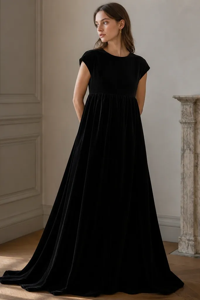 A black velvet gown with a slightly looser, babydoll-style bodice. There's a seam under the bust that transitions into a longer skirt. The neckline is rounded, and the sleeves look set-in or cap-like.