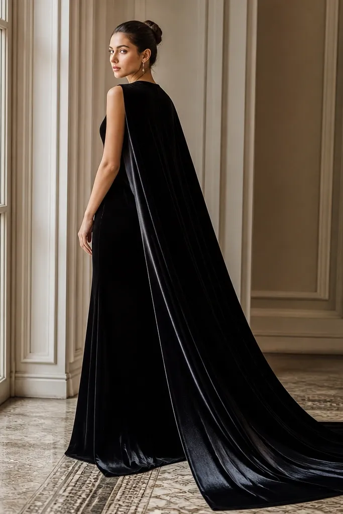 A black velvet long evening gown with a cape-like drape over the shoulders at the back. The front looks smooth and simple, while the back has extra fabric that flows down. The velvet sheen changes along the cape edges.