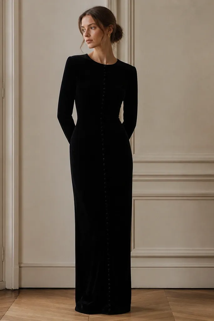 A black velvet long evening gown with a button-front detail running down the center. The buttons are dark and blend into the fabric, and the skirt stays straight. The neckline is simple and the bodice looks fitted.