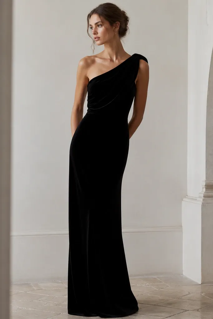 A black velvet long evening gown with one shoulder. There's a diagonal draped panel across the bodice, creating a sculpted, asymmetrical look. The skirt falls straight to the floor.
