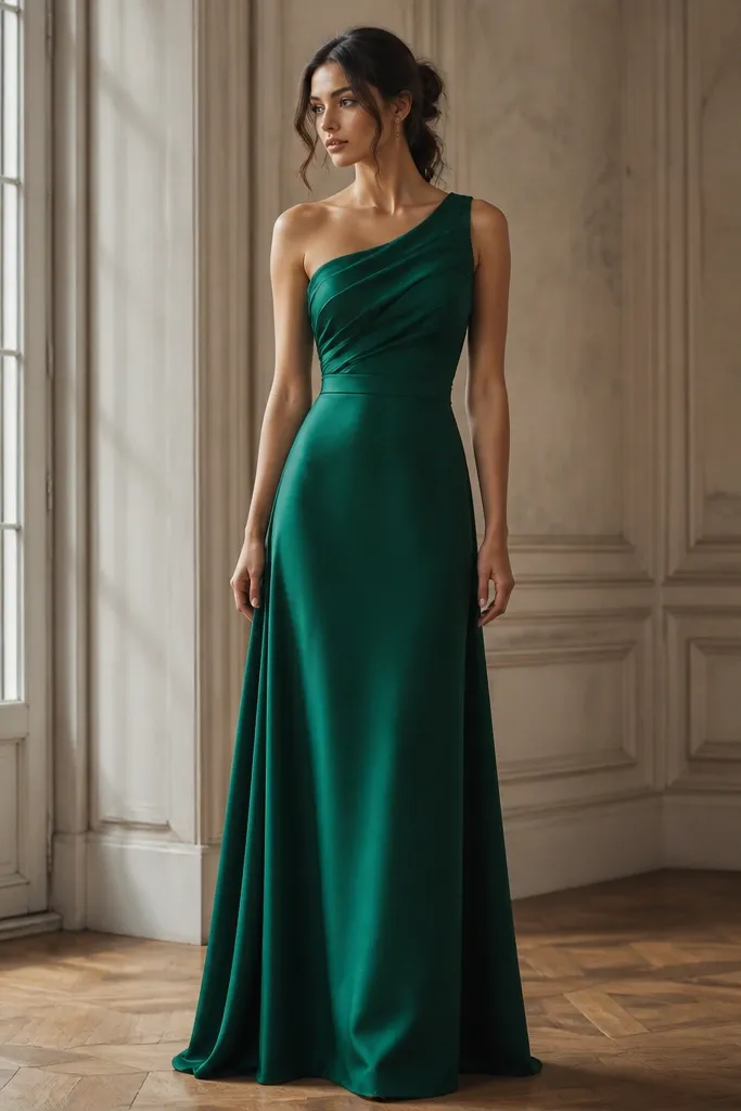 A deep emerald green one-shoulder long dress. The top has soft pleats at the bust and a fitted bodice. The skirt falls to the floor with subtle volume, and the fabric has a slight sheen like satin crepe. The hem is even and the silhouette is sleek through the waist.