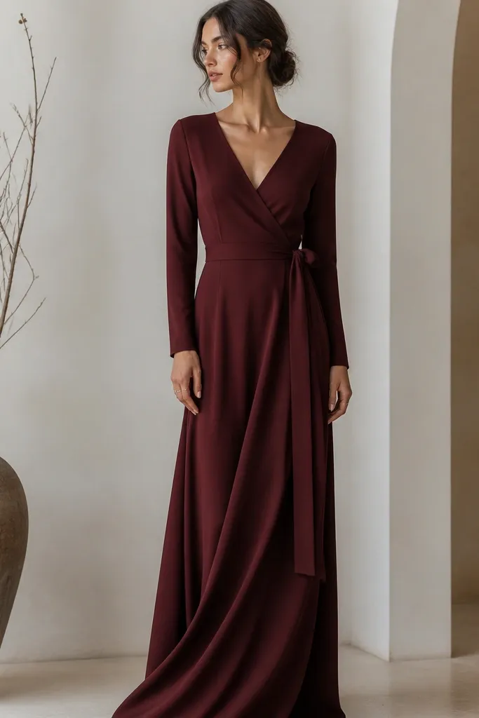 A burgundy long wrap dress in crepe. The neckline is a true wrap V, with a fitted waist and long tie ends that hang down the side. The skirt drapes in soft folds and reaches the floor. The fabric looks matte and structured, with a neat wrap overlap at the bust and waist.