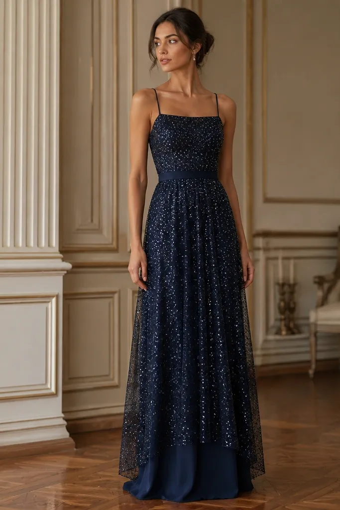 A long evening dress with a navy solid slip underneath and a navy mesh overlay sprinkled with small sequins. The overlay has a fitted bodice and a straight neckline. The skirt is layered: sequined mesh on top, solid slip below, both reaching the floor. The overall look is sparkling but controlled.
