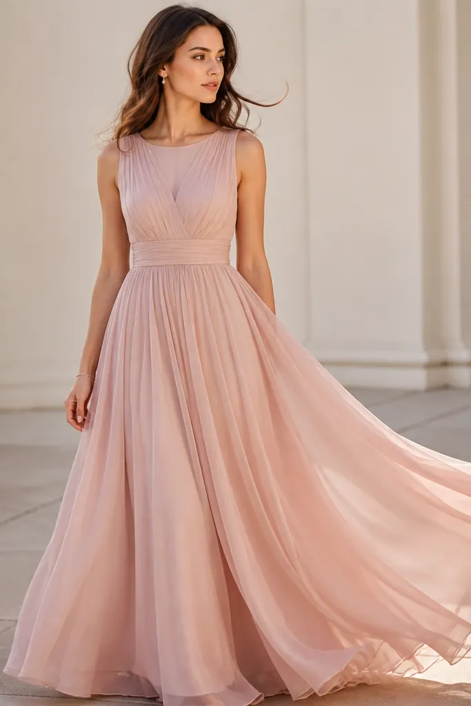 A blush pink long chiffon dress with a defined waist seam and a softly flared skirt. The neckline is modest and slightly rounded. The bodice looks layered for shape, and the skirt has airy movement with a light sheen. The hem is full-length and floats as if the fabric is very light.