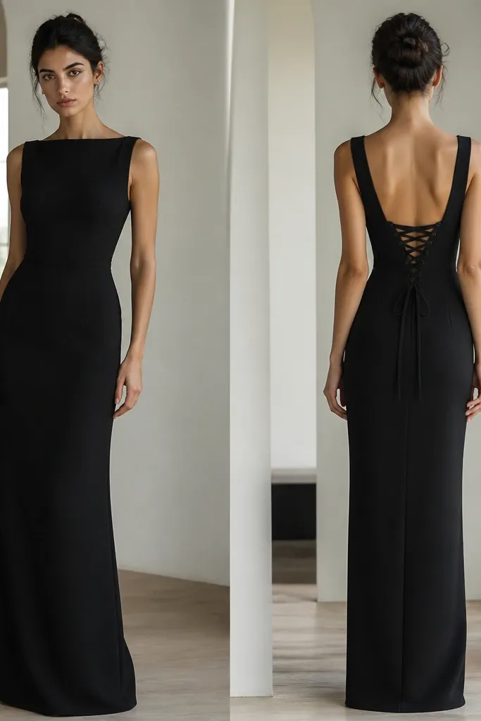 A black long crepe dress with a modest neckline and a fitted bodice. The front is sleek and minimal, while the back has a corset-style lace-up detail. The skirt falls straight to the floor with a slight taper. The fabric looks matte with strong structure, and the seams are neat.