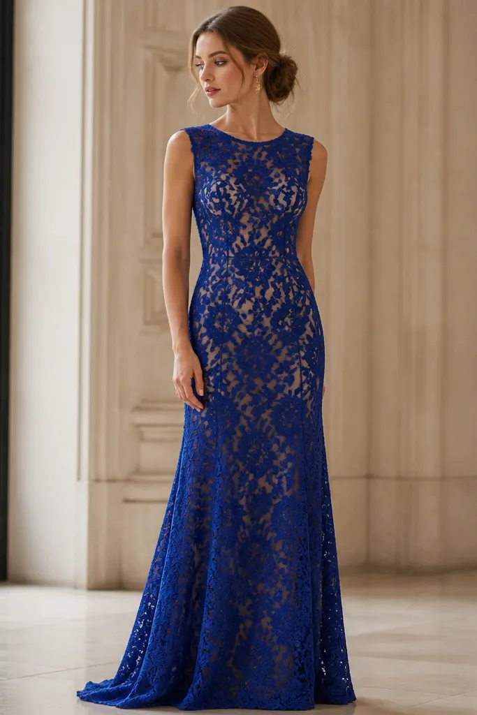 A royal blue long dress covered in lace appliqué. The neckline is rounded and the bodice is fitted. Beneath the lace there is a nude underlay that shows through in a controlled way. The skirt reaches the floor with lace coverage and the fabric looks textured and detailed.